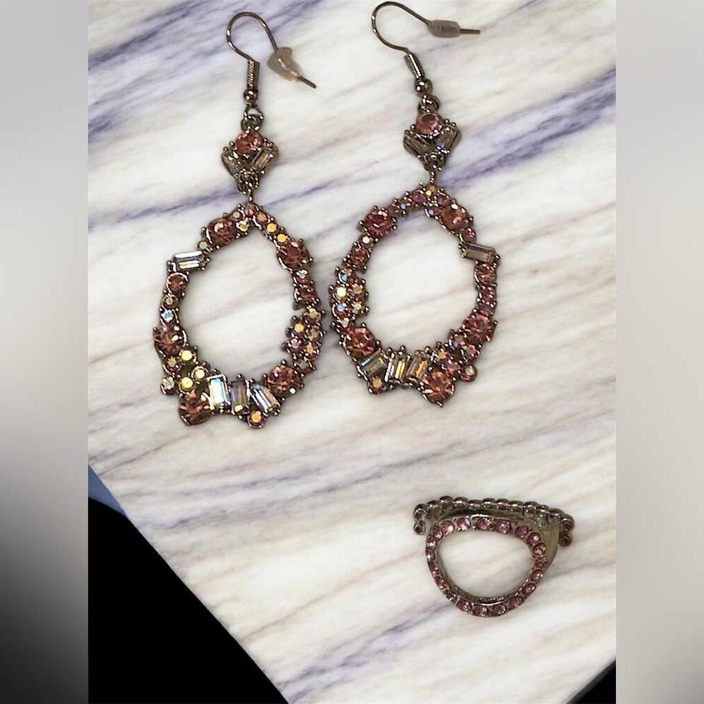 Elegant Gold and Pink Crystal Earrings and Ring Set NEW IN BOX
